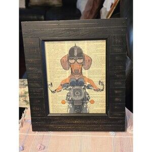 Dashschund on Motorcycle Wall Art Framed,‎ Spike Helmet, Dictionary Background